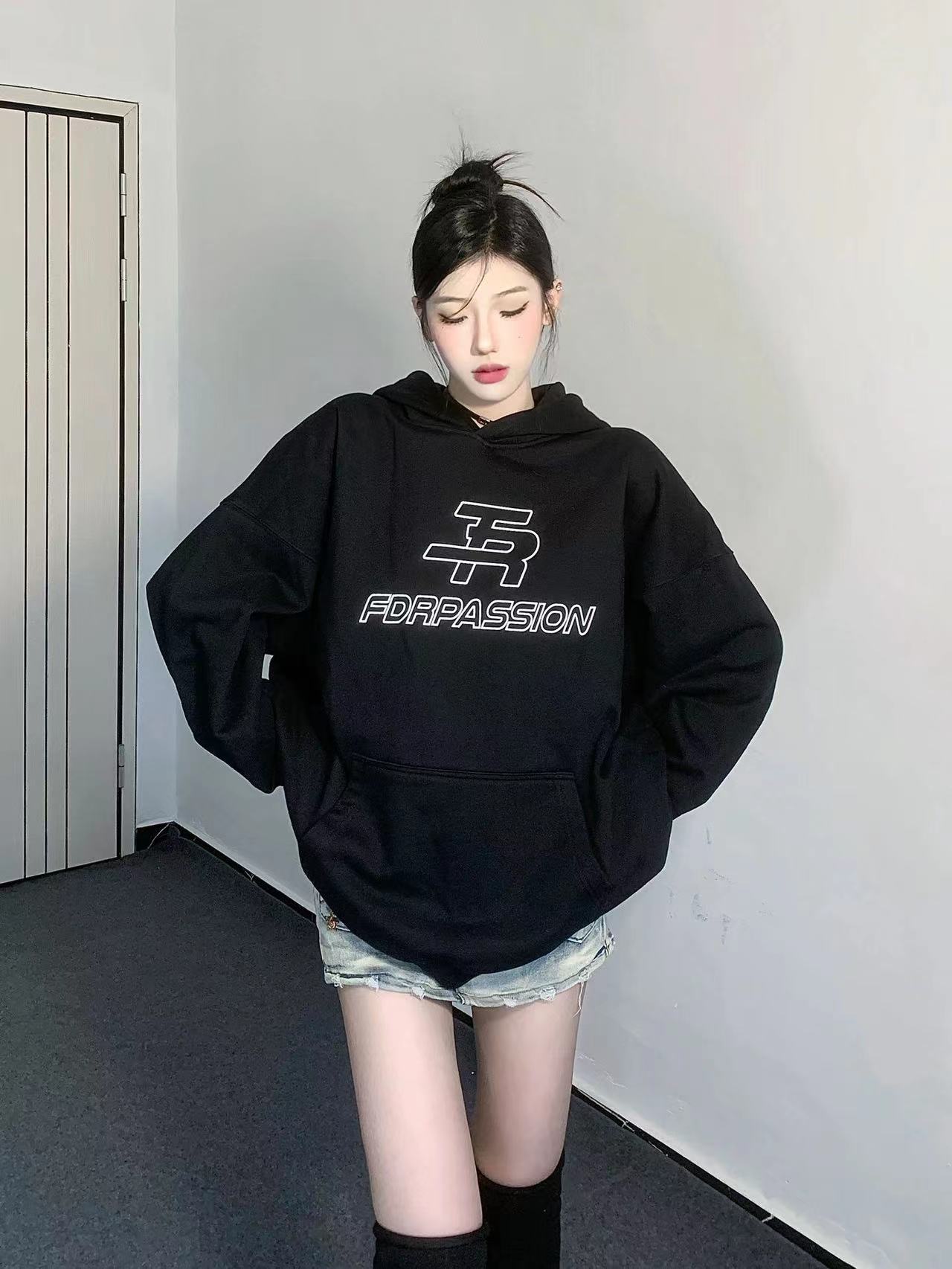 原版面料 加絨 美式辣妹字母印花雙層連帽寬鬆百搭衛衣