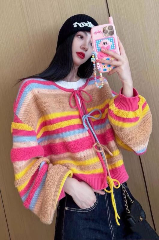 Xiao Jingjia's same style autumn dopamine outfit rainbow striped bow tie knitted cardigan sweater with a high-end feel