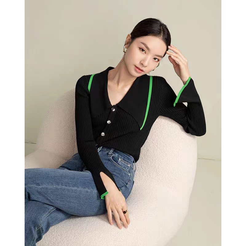 Fluorescent green niche chic lapel knitted cardigan for women French fashion short style 2023 early spring