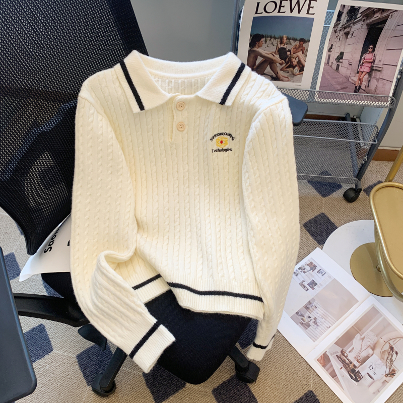 學院風刺繡翻領麻花毛衣女小個子2023秋冬新款學生針織衫小眾上衣
