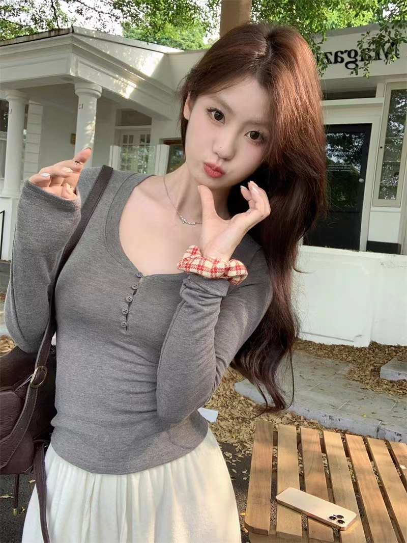 Official picture 260 free-cut long-sleeved T-shirt for women, autumn inner layering shirt, slim and sexy short top