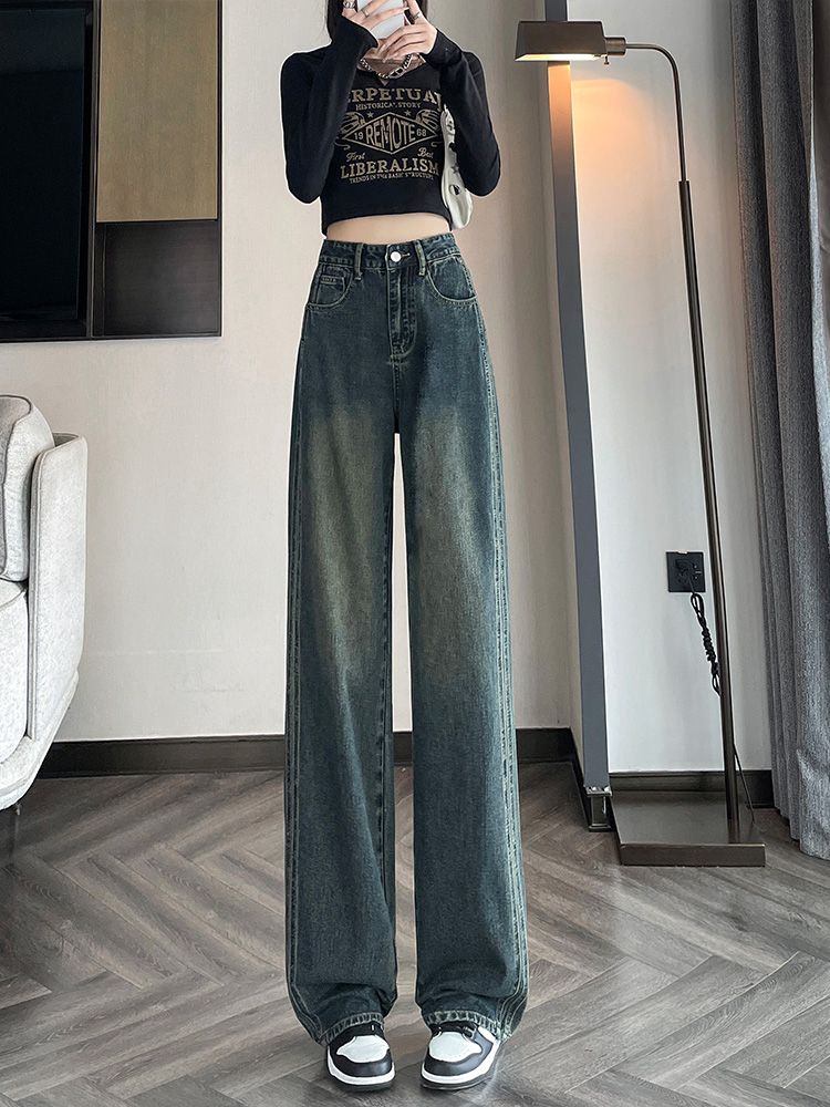 水泥灰牛仔褲女墜感洋氣炸街拖地褲高腰窄版個性顯瘦闊腿長褲潮流