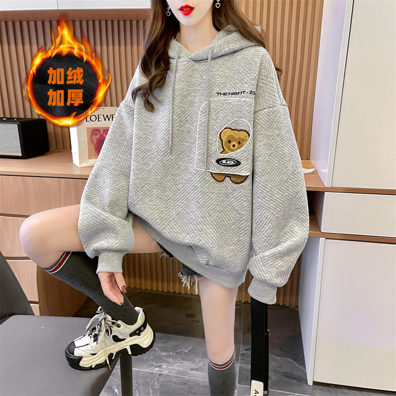 實拍 冬季新款韓版寬鬆提花複合420克連帽中長款大碼加絨衛衣女