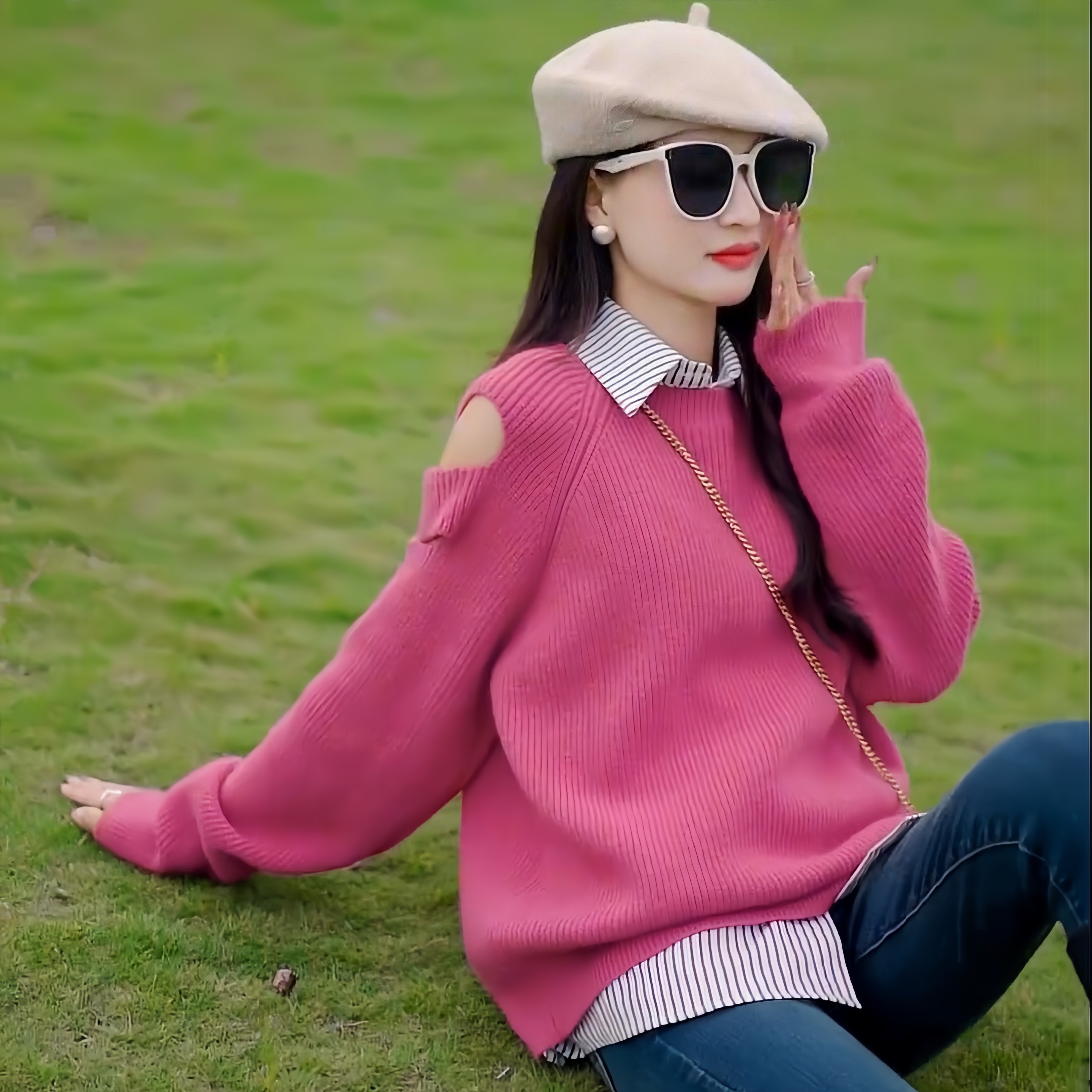 Pink gentle atmosphere off-shoulder sweater for women autumn and winter outer wear Korean style lazy loose sweater long-sleeved top