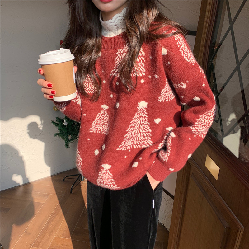韓版寬鬆顯瘦圓領超火長袖雪花聖誕新年毛衣女加厚保暖外穿針織衫