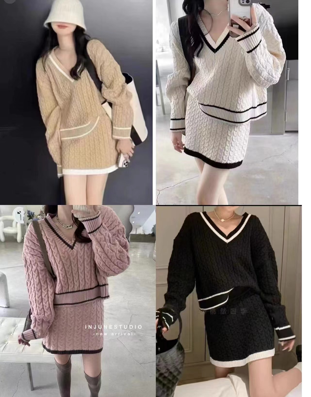 Korean chic autumn and winter retro V-neck contrasting hemp pattern sweater + high waist and hip knitted skirt two-piece set for women