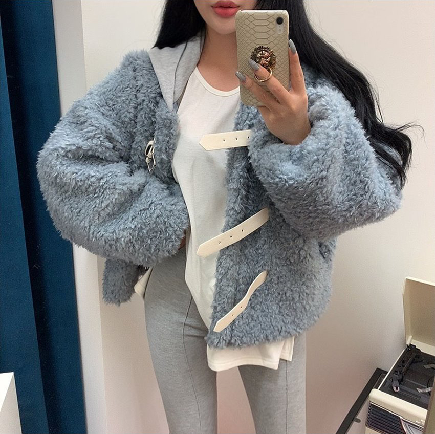 chic 復古氣質圈圈毛連帽短款羊羔毛外套