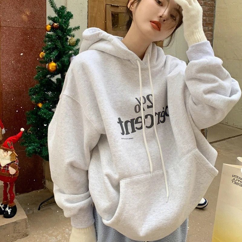 Women's autumn and winter loose and lazy top with velvet and thickened letter print hooded sweatshirt