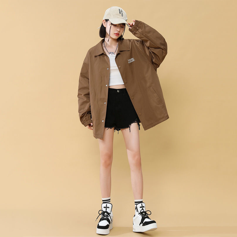 American bf retro printed solid color lapel work jacket women's student autumn and winter trendy loose casual trendy jacket