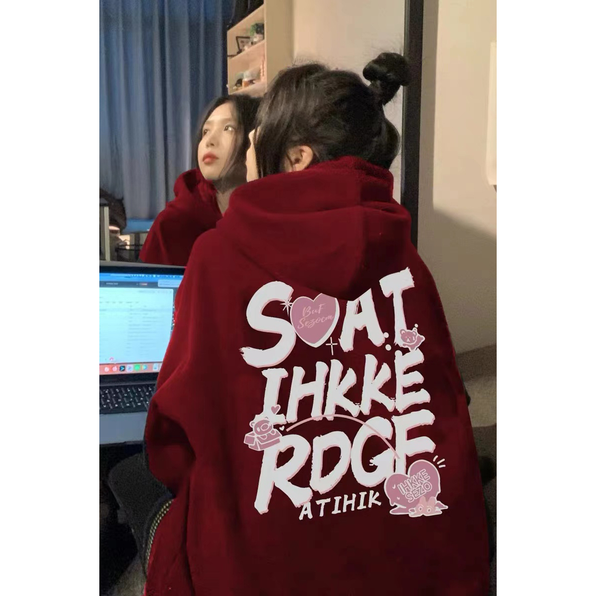 American hiphop hooded sweatshirt for women 2023 new autumn velvet burgundy this year's popular jacket tops