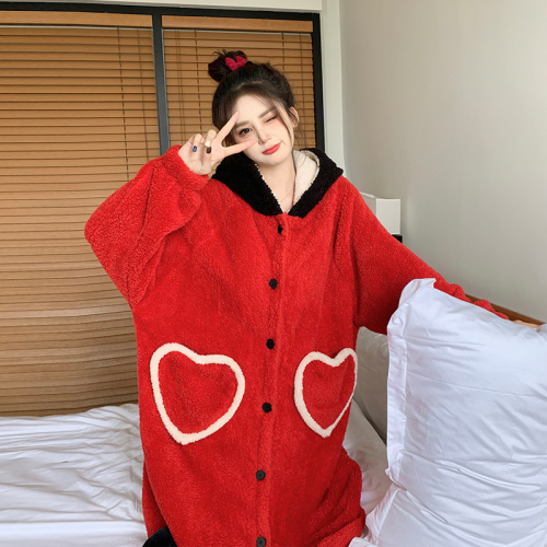 Real shot of plus size women's autumn new style love big pocket soft and cozy loungewear and comfortable pajama jacket