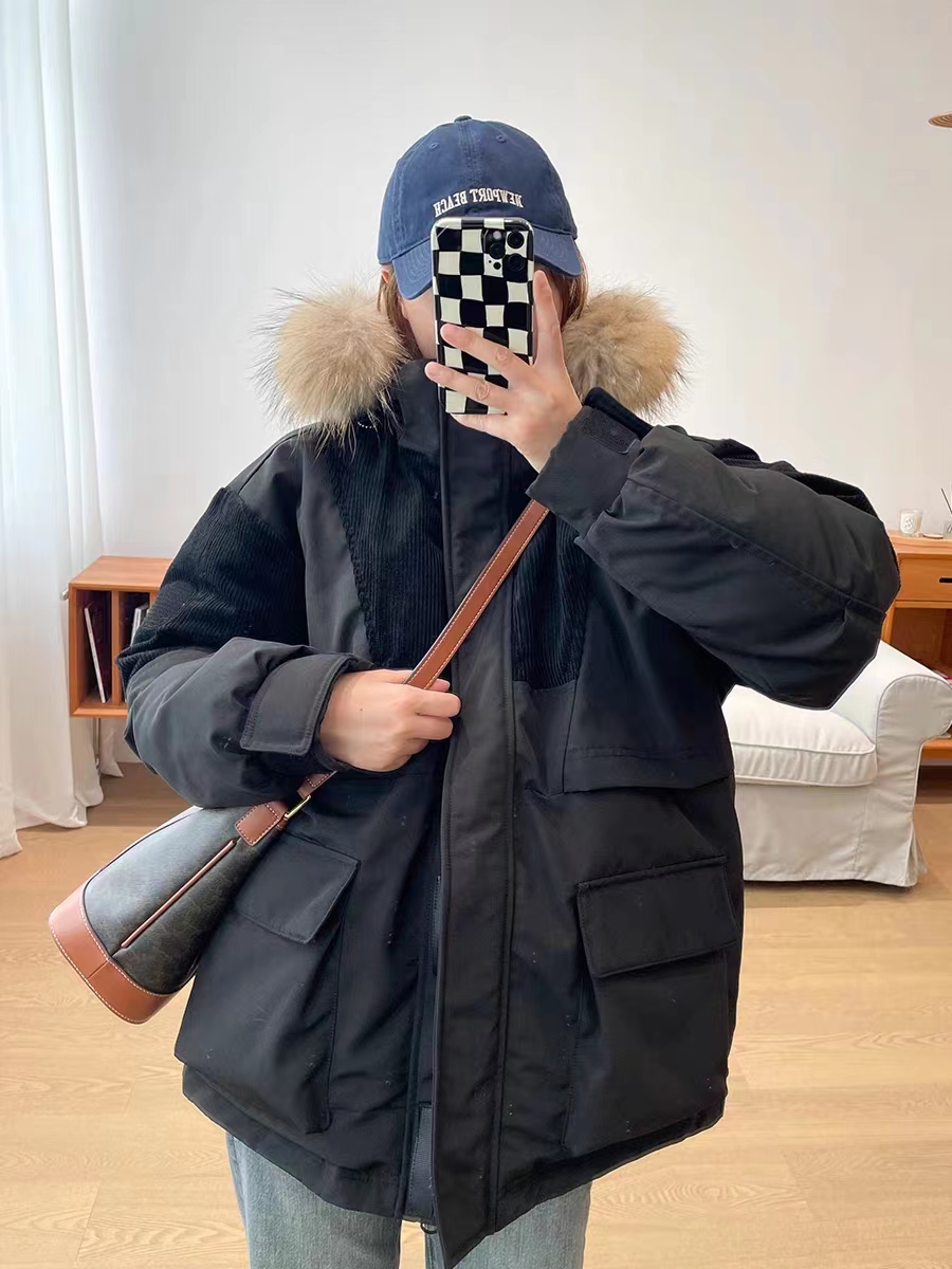 Couple's workwear down jacket for women 2023 new mid-length genuine fur collar thickened pie jacket winter coat