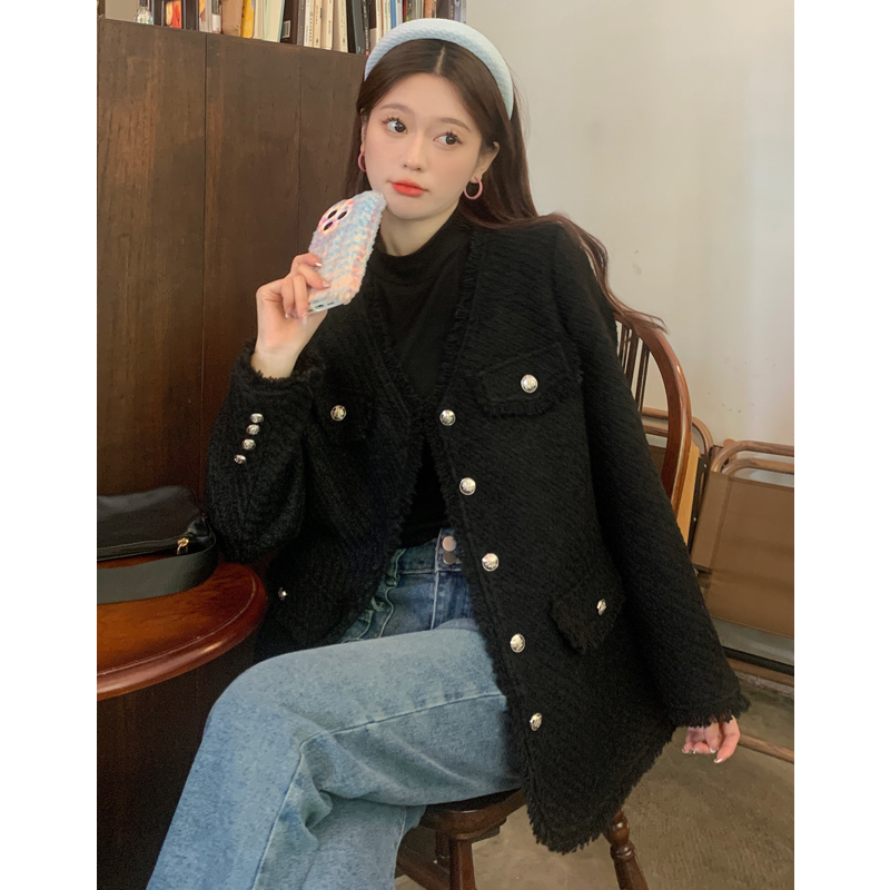 加厚內里大碼女裝秋冬外套小香純色正肩寬鬆型外套