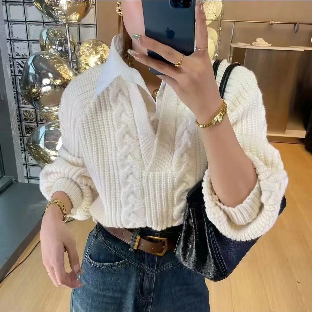 法式POLO領假兩件設計小眾毛衣女歐洲站2023新款修身百搭氣質上衣