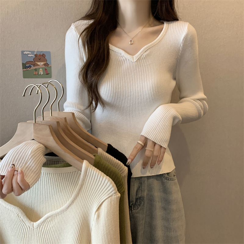 Core-spun yarn autumn and winter new versatile slimming V-neck stretch bottoming shirt long-sleeved T-shirt