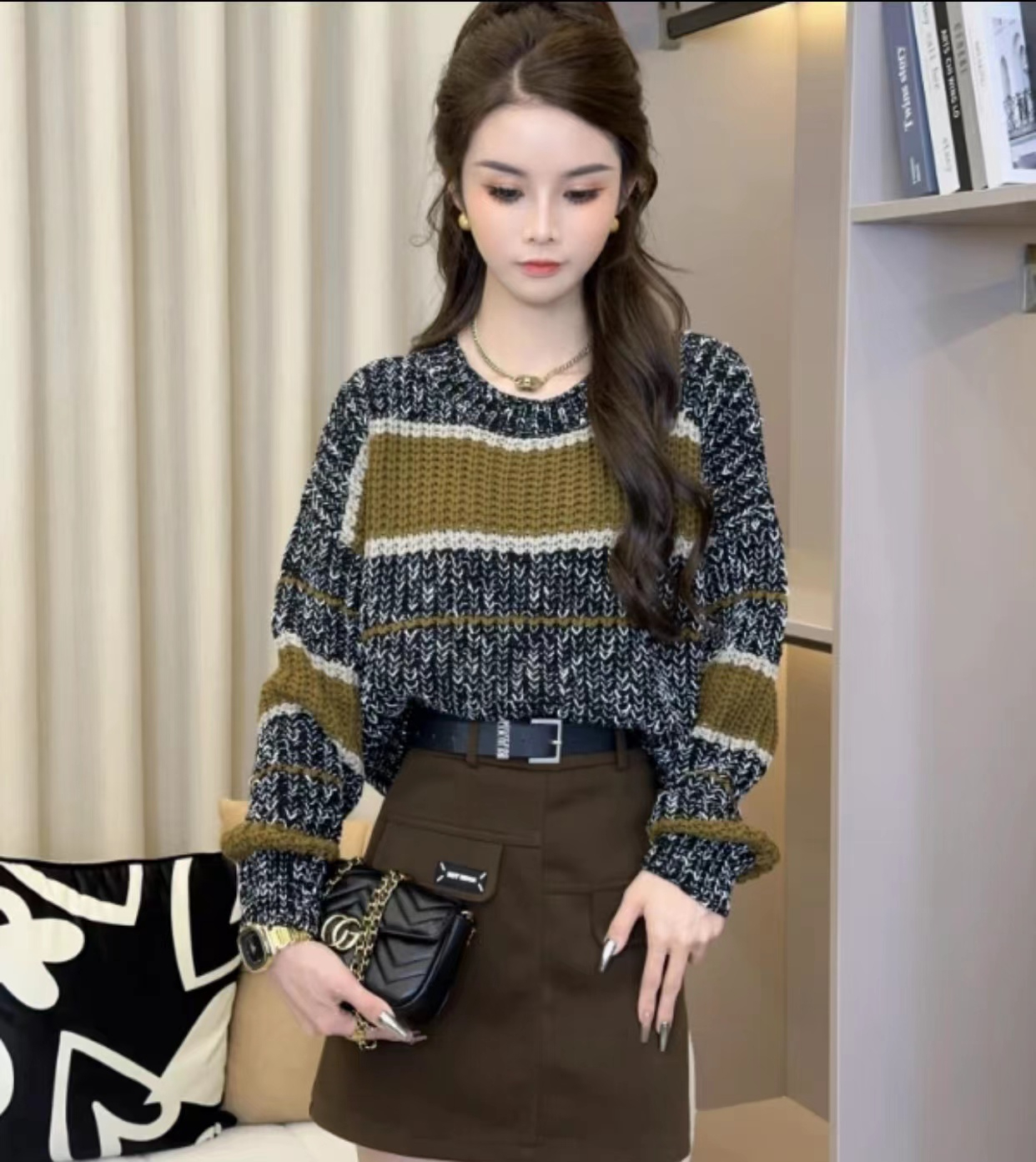 韓版復古軟糯慵懶風撞色條紋毛衣女秋冬寬鬆顯瘦休閒百搭針織衫