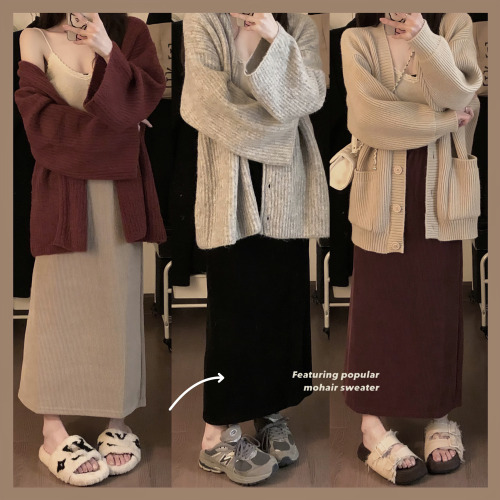 Actual shot~Korean style high-waisted versatile slim corduroy A-line skirt straight slit mid-length skirt