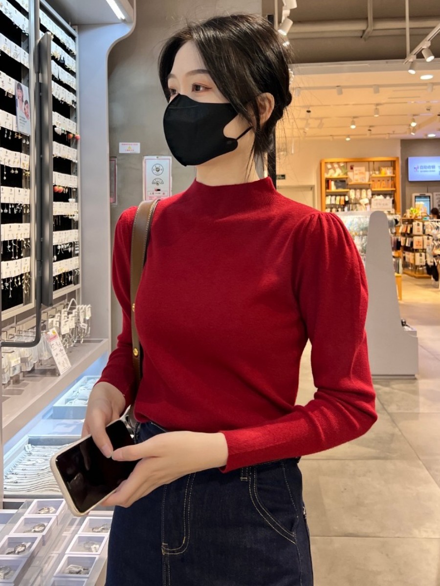 針織衫女長袖2023秋季新款寬鬆打底修身洋氣內搭泡泡袖上衣包芯紗
