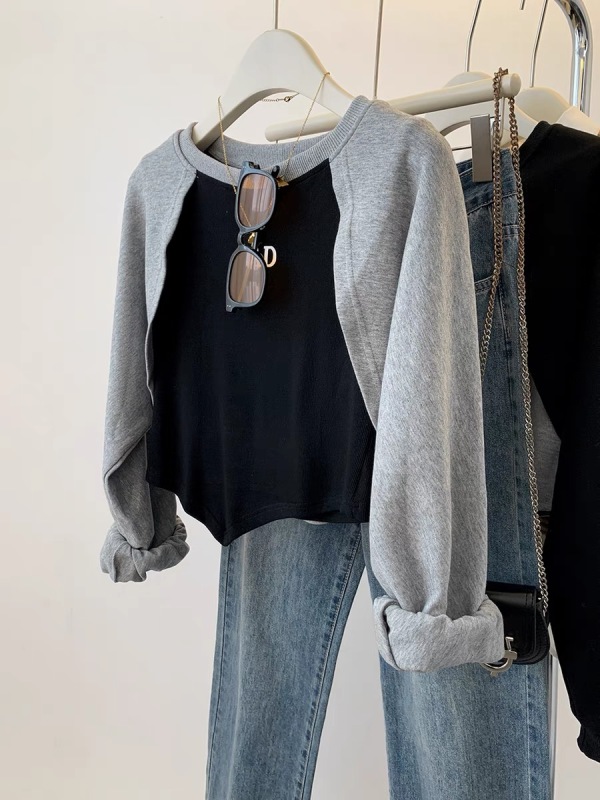 Irregular fake two-piece short raglan sleeve sweatshirt for women autumn spring autumn 2023 new pullover long-sleeved t-shirt top