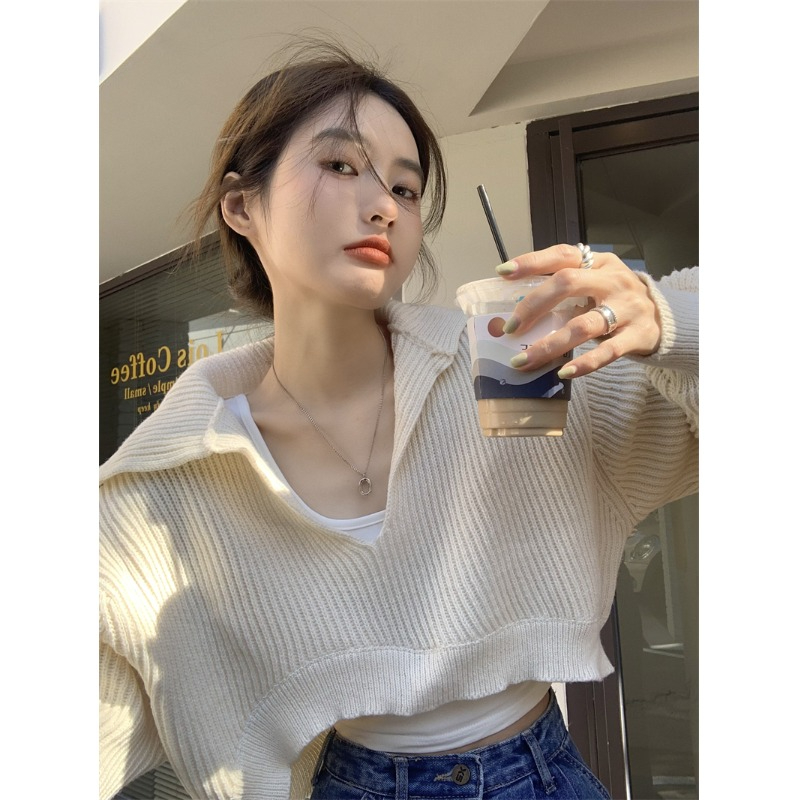 不規則polo領針織衫女秋冬bm設計感小眾寬鬆顯瘦短款高腰辣妹上衣