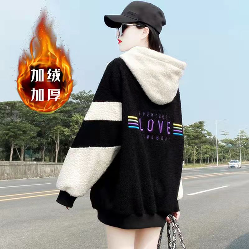 Japanese gentle style sweatshirt for women 2023 new velvet thickened top loose lamb wool hooded jacket autumn and winter trend