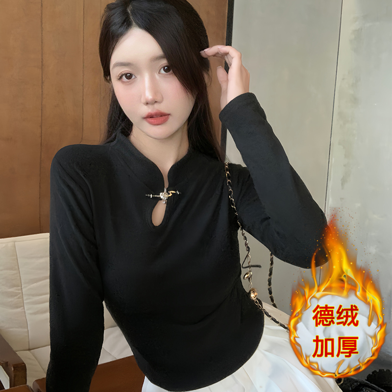 實拍 秋冬設計感小眾改良旗袍中式國風上衣黑色正肩短袖t恤女