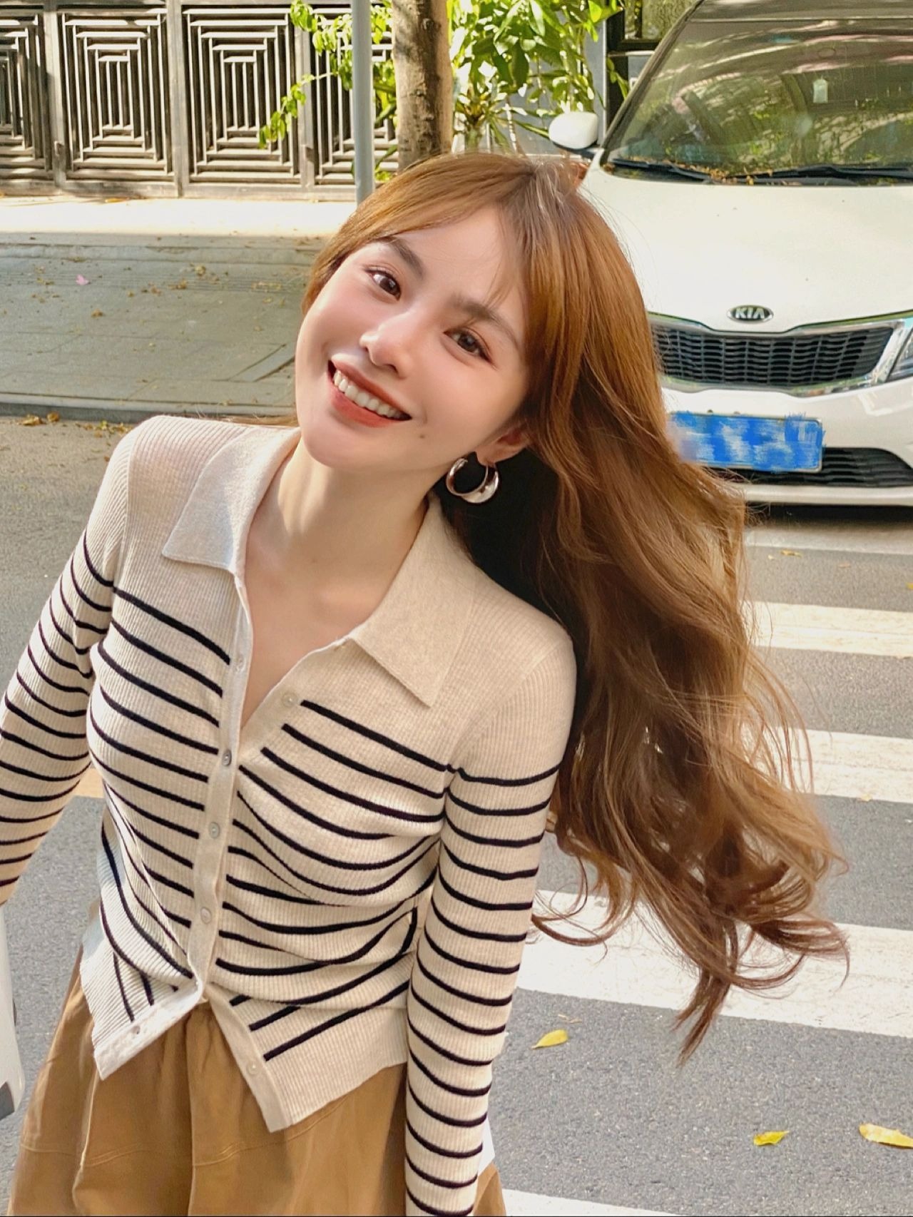 早秋季杏色條紋polo翻領針織開衫女春秋款小個子內搭毛衣外套秋裝