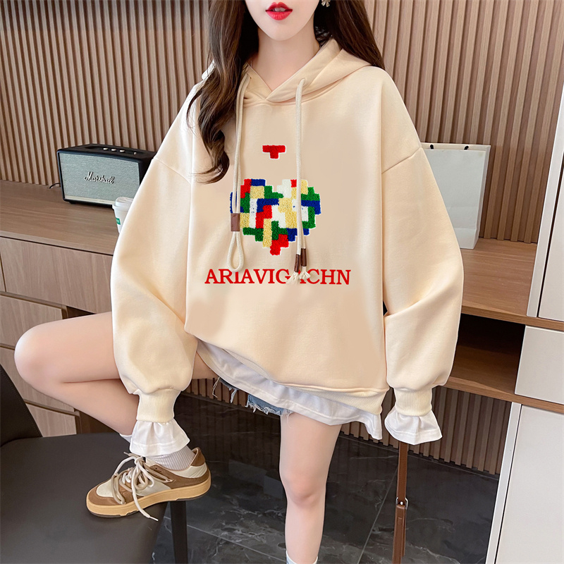 Real shot of pure cotton Chinese cotton composite milk silk autumn thin loose embroidery design hooded sweatshirt for women