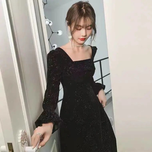New spring and autumn mini dress, long, elegant, square-necked burgundy dress, waist slimming, can be worn at ordinary times