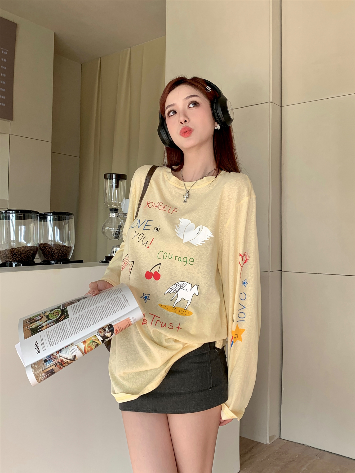 Real shot~Love custard bag/printed long-sleeved mid-length sunscreen T-shirt autumn loose and cute top