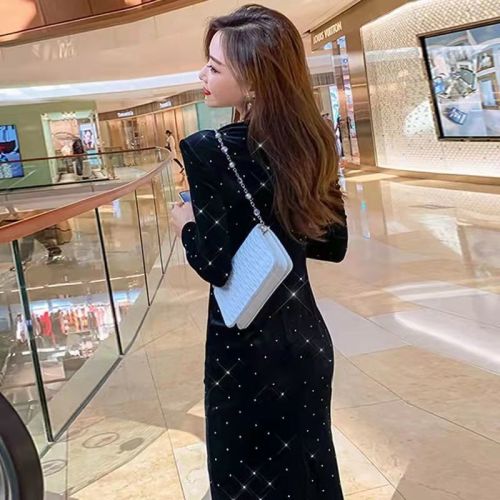 Autumn and winter new style Hong Kong style celebrity temperament retro sexy square neck halter neck strapless slit slim dress dress for women