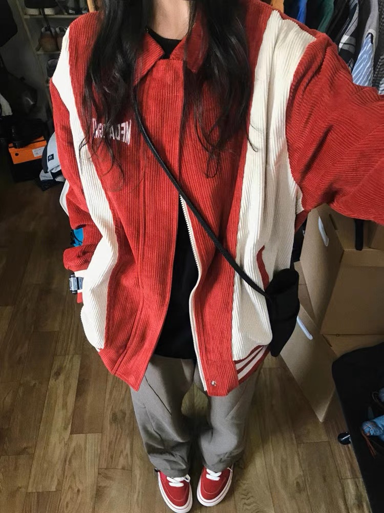 Trendy brand American retro splicing niche non-colliding jacket women's design spring and autumn corduroy baseball jacket