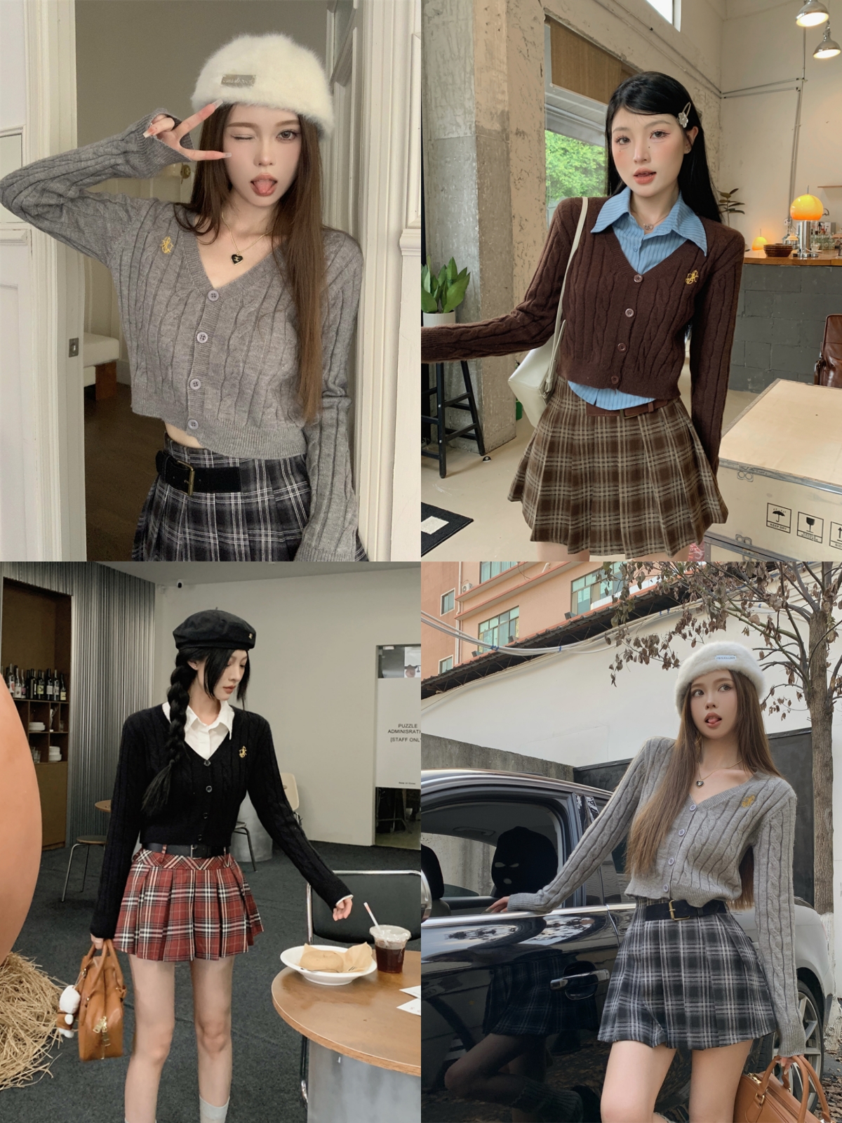 Actual shot: Casual V-neck American schoolgirl twist sweater cardigan + retro plaid woolen skirt