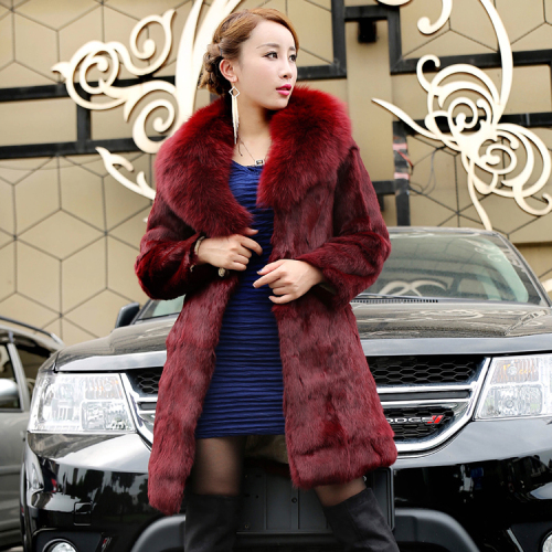  new autumn and winter Haining fox fur collar rabbit fur women's coat mid-length loose fur imitation mink fur coat
