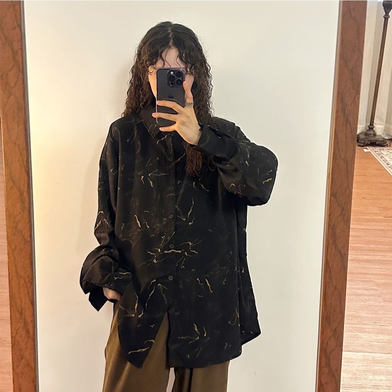 American retro printed long-sleeved shirt for women niche design casual mid-length shirt lazy style jacket