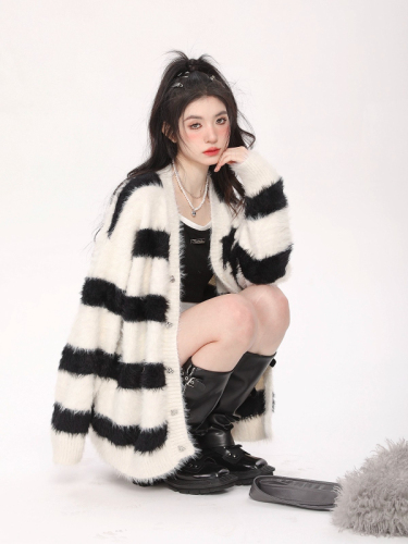 Knitted sweater striped color-blocking national trend handmade trendy brand faux mink open jacket casual outerwear