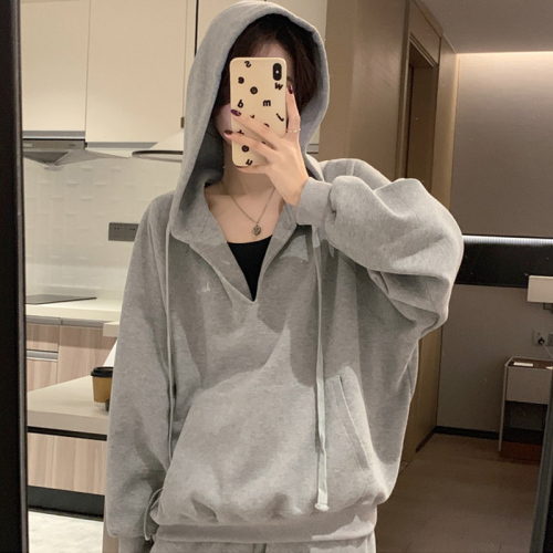 Gray V-neck sweatshirt suit for women, spring and autumn, Korean version, loose, fashionable, age-reducing, casual sportswear two-piece set