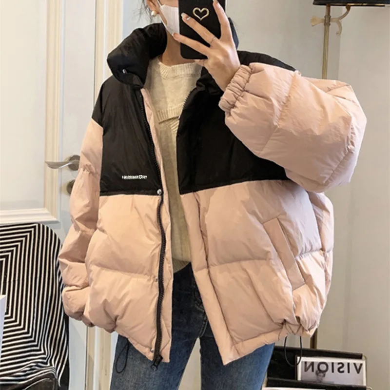 2023 New Korean Style Down Jacket Women's Niche Design Short Color Block Bread Jacket Small Person Cotton Jacket
