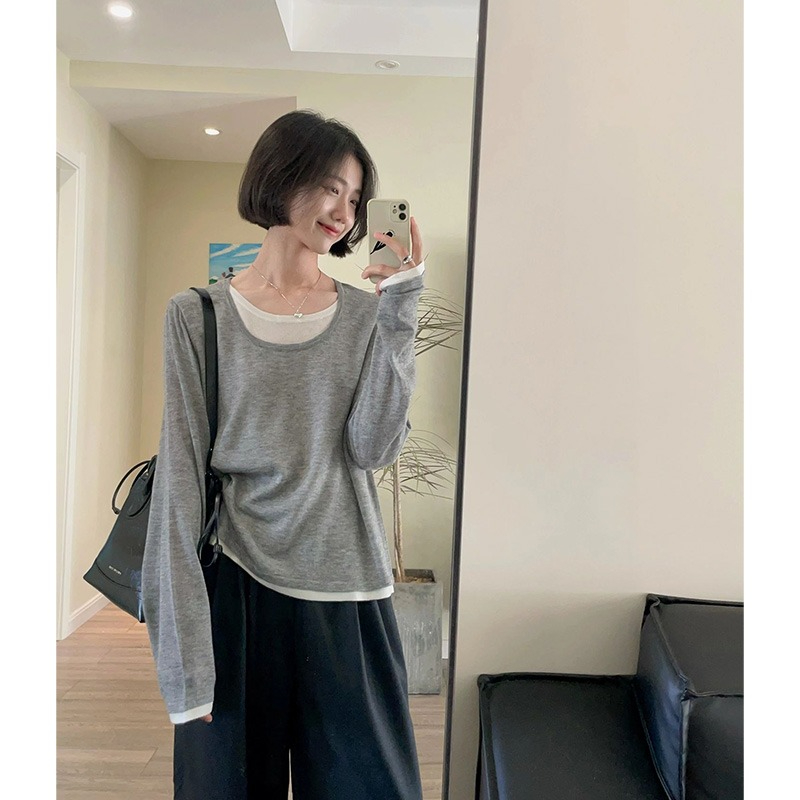 40支92棉8氨綸 假兩件長袖t恤女