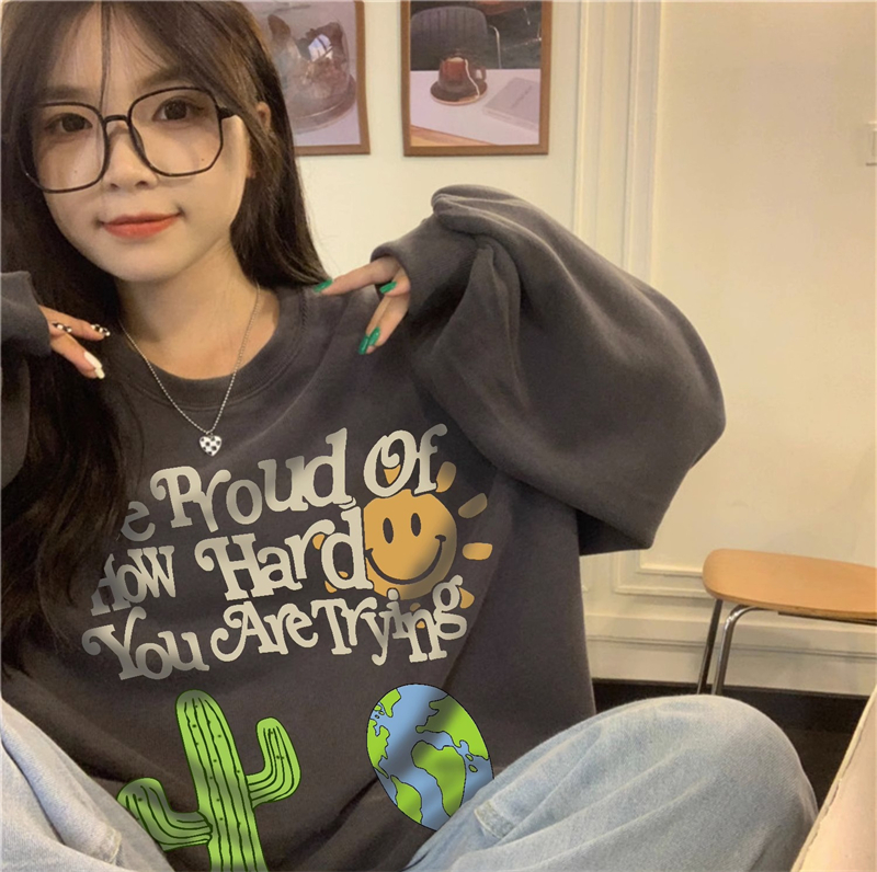 2023 Spring, Autumn and Winter Women's Sweater Cartoon Print Niche Loose Top Mid-Length Round Neck Long Sleeve Fashionable