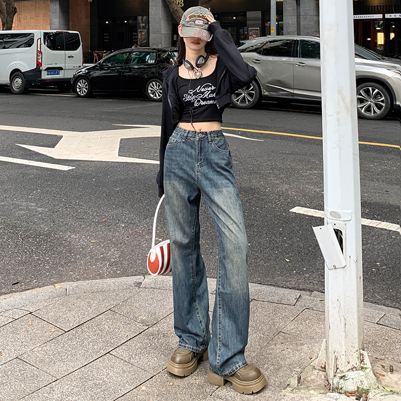 實拍2023秋季熱賣新款高腰顯瘦個性時尚闊腿拖地牛仔褲女