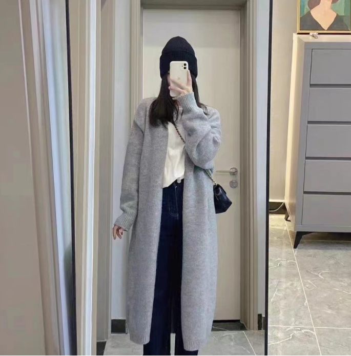 冬裝新款大碼女裝小香慵懶風灰色針織開衫外套長款毛衣大板型