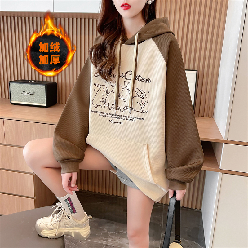 實拍秋冬韓版寬鬆後包領華夫格複合口袋刺繡大碼女裝加絨衛衣女