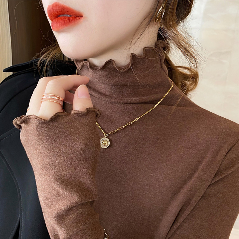 100%聚酯纖維 半高領德絨女上衣木耳邊雙面磨毛