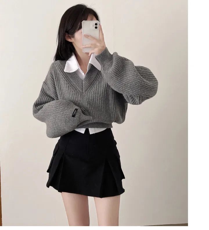 韓國ins秋冬厚毛衣女套頭v領長袖黑標百搭多色針織上衣