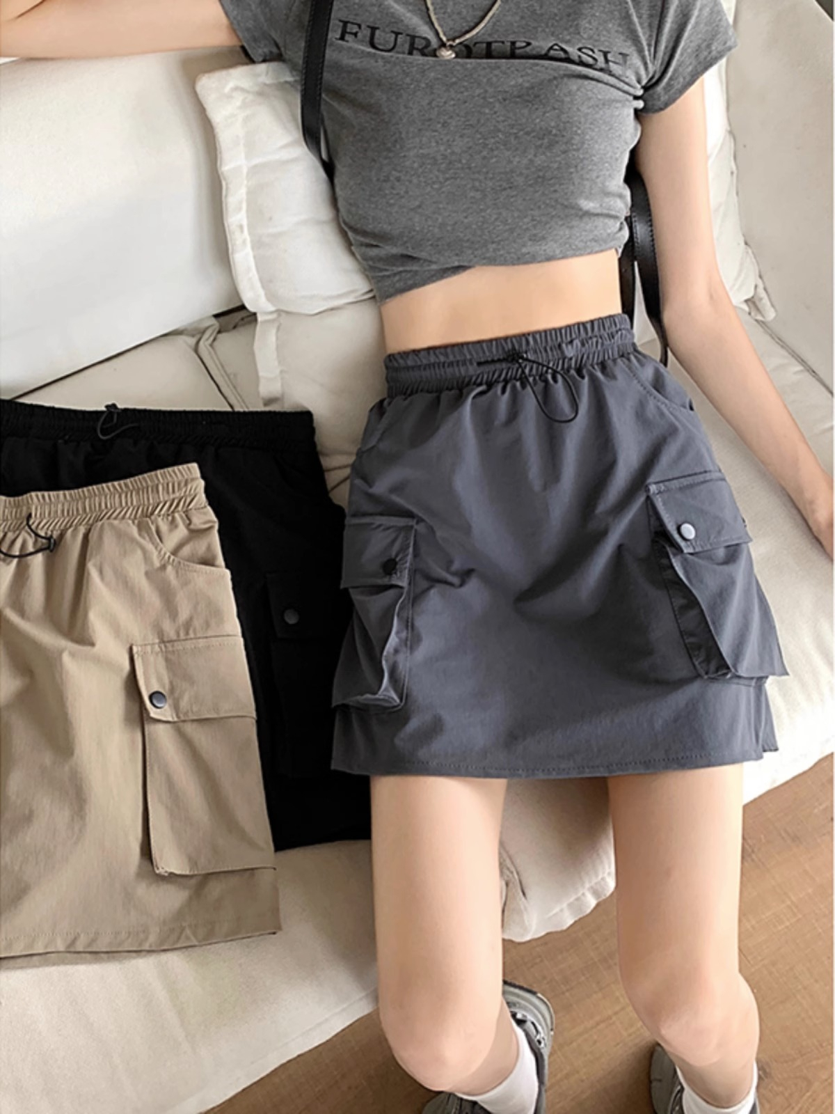Elastic waist drawstring loose casual skirt women's summer small temperament design versatile workwear short skirt
