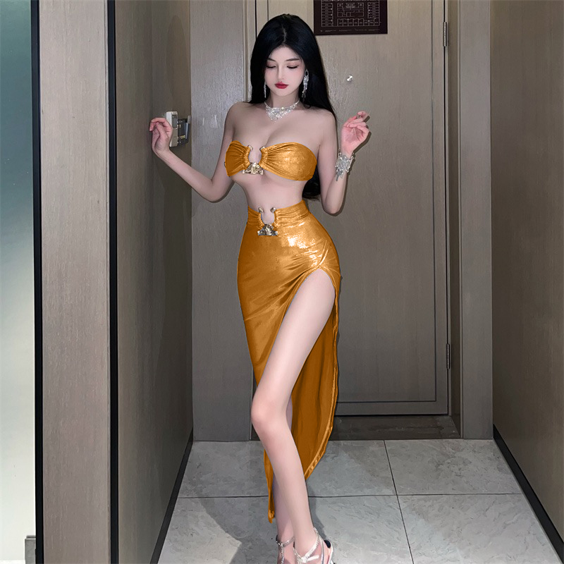 實拍~性格亮色緊身夜場超短抹胸+開叉半身裙女裝禮服