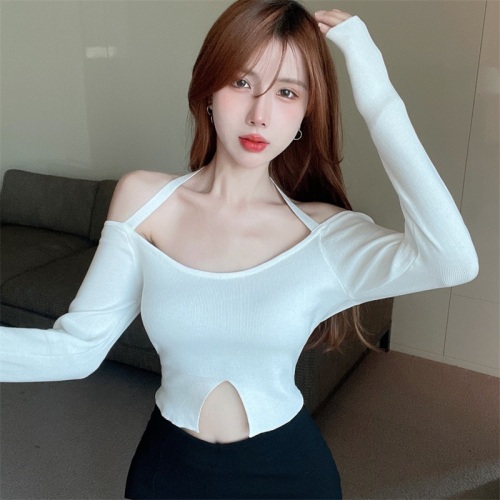 Real shot of halterneck strapless backless pure lust style sweater for women autumn long-sleeved sexy slit top
