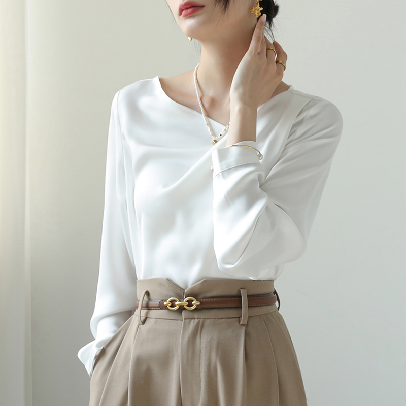 XZLDHY秋裝女2023年新款醋酸襯衣白襯衫女設計感氣質法式緞面上衣