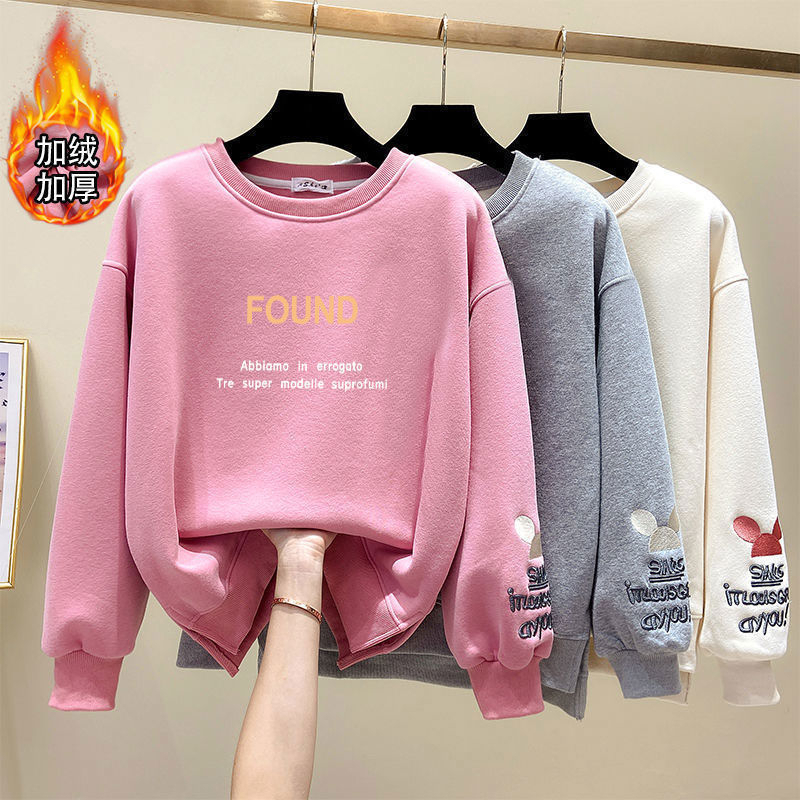 加絨加厚複合#刺繡衛衣女裝冬季寬鬆印花圓領長袖上衣無帽外套